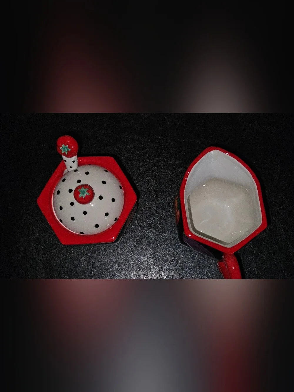 Coyne's & Company Black & Red Ceramic Tomato Sugar Jar and Creamer Set